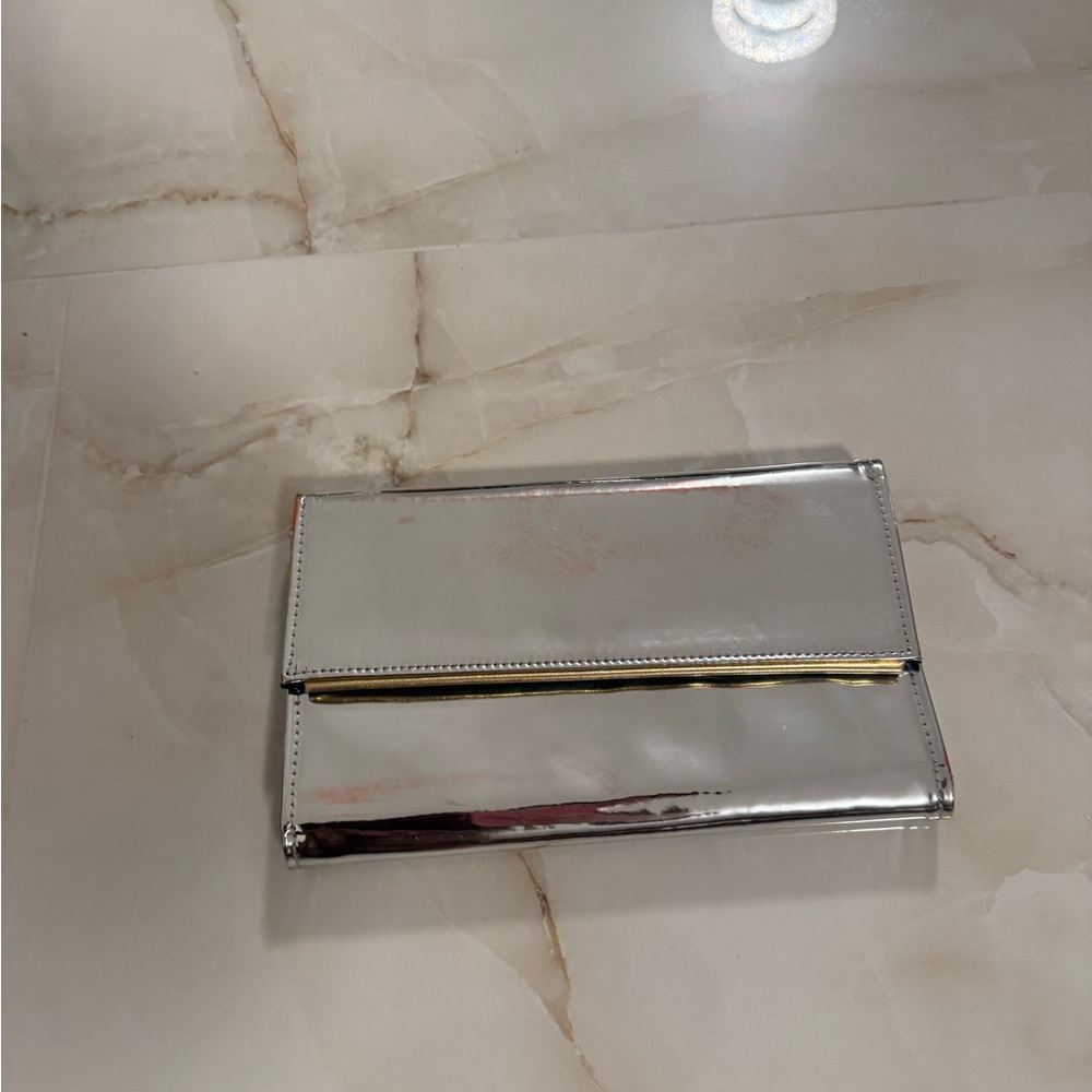 Silver Metallic Foldover Clutch Wallet